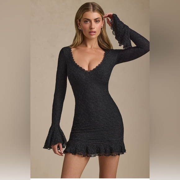Oh Polly Nara Long-Sleeve Ruffled Lace Mini Dress in Black XL - Picture 2 of 6